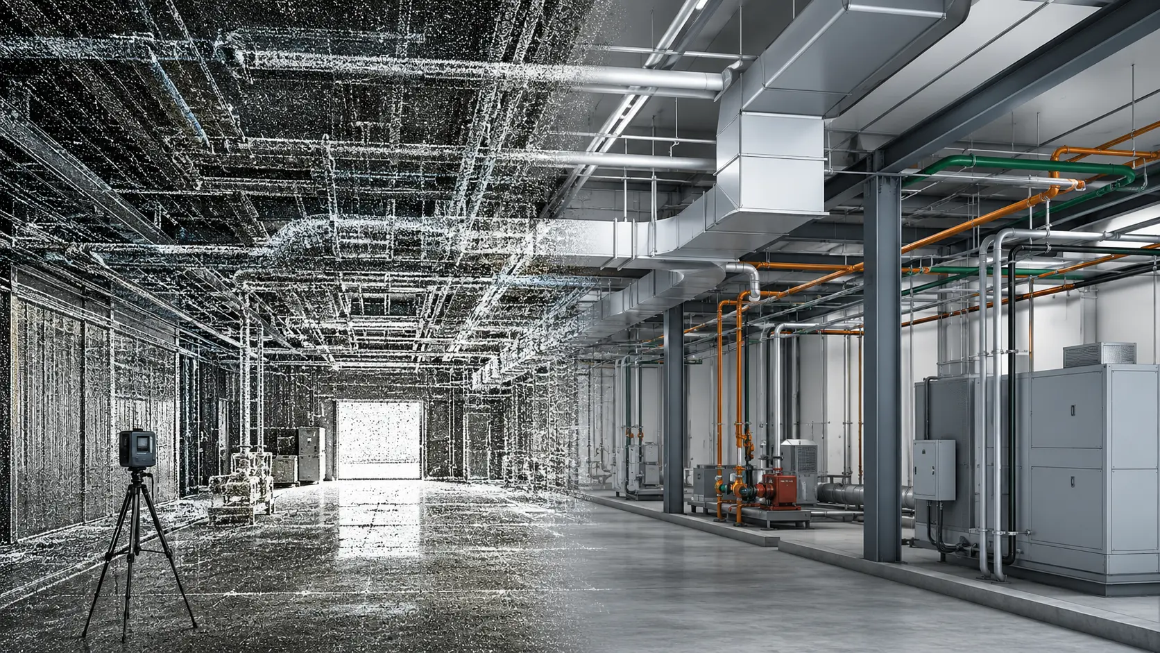 Point cloud to BIM model showing laser scan data aligned with detailed existing condition BIM geometry