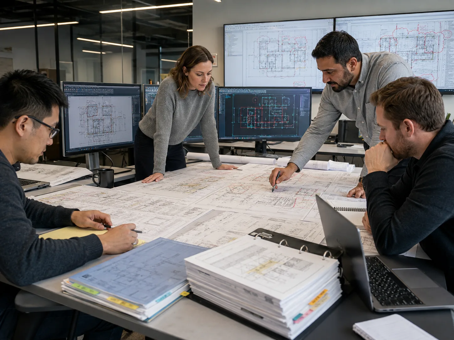 CAD drafting team managing a large construction drawing package and project revisions