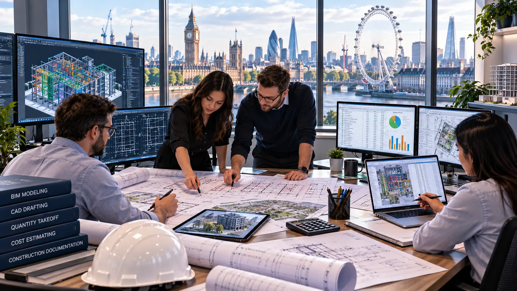 UK preconstruction team reviewing BIM CAD estimating and construction documentation