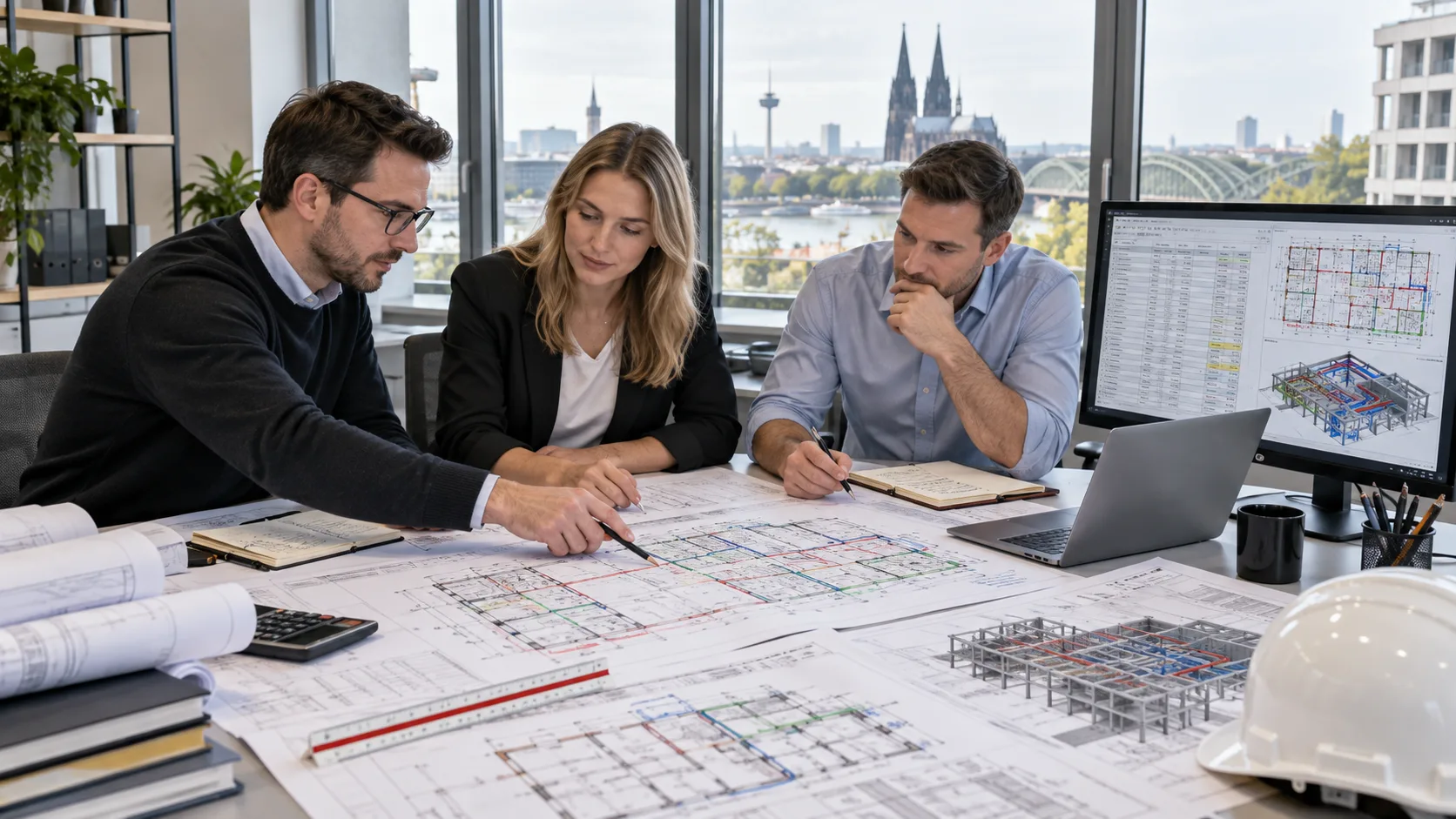 Germany construction takeoff team reviewing architectural structural and MEP drawings with measured quantities