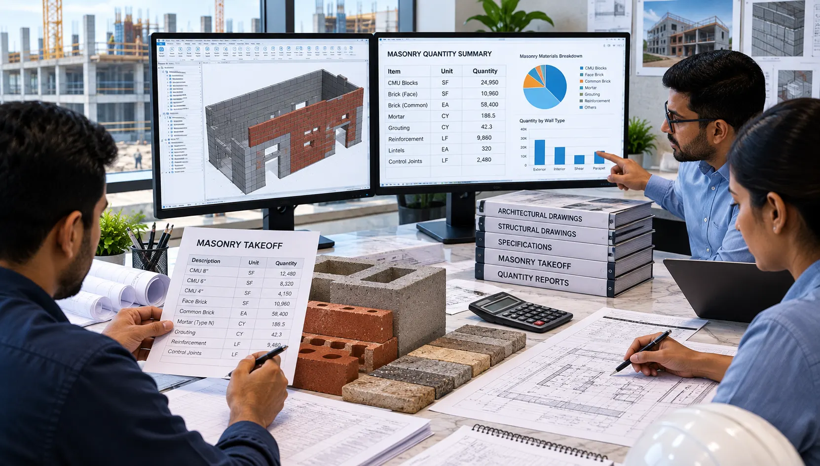 Masonry takeoff team reviewing brick CMU quantity reports and construction project documentation