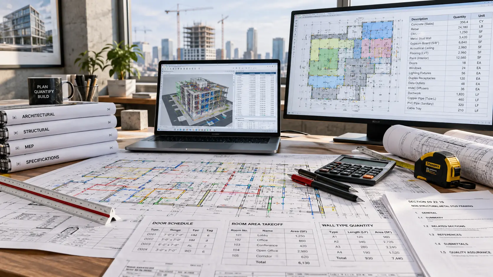 Construction takeoff workflow reviewing architectural structural civil and MEP drawings for Fujairah projects