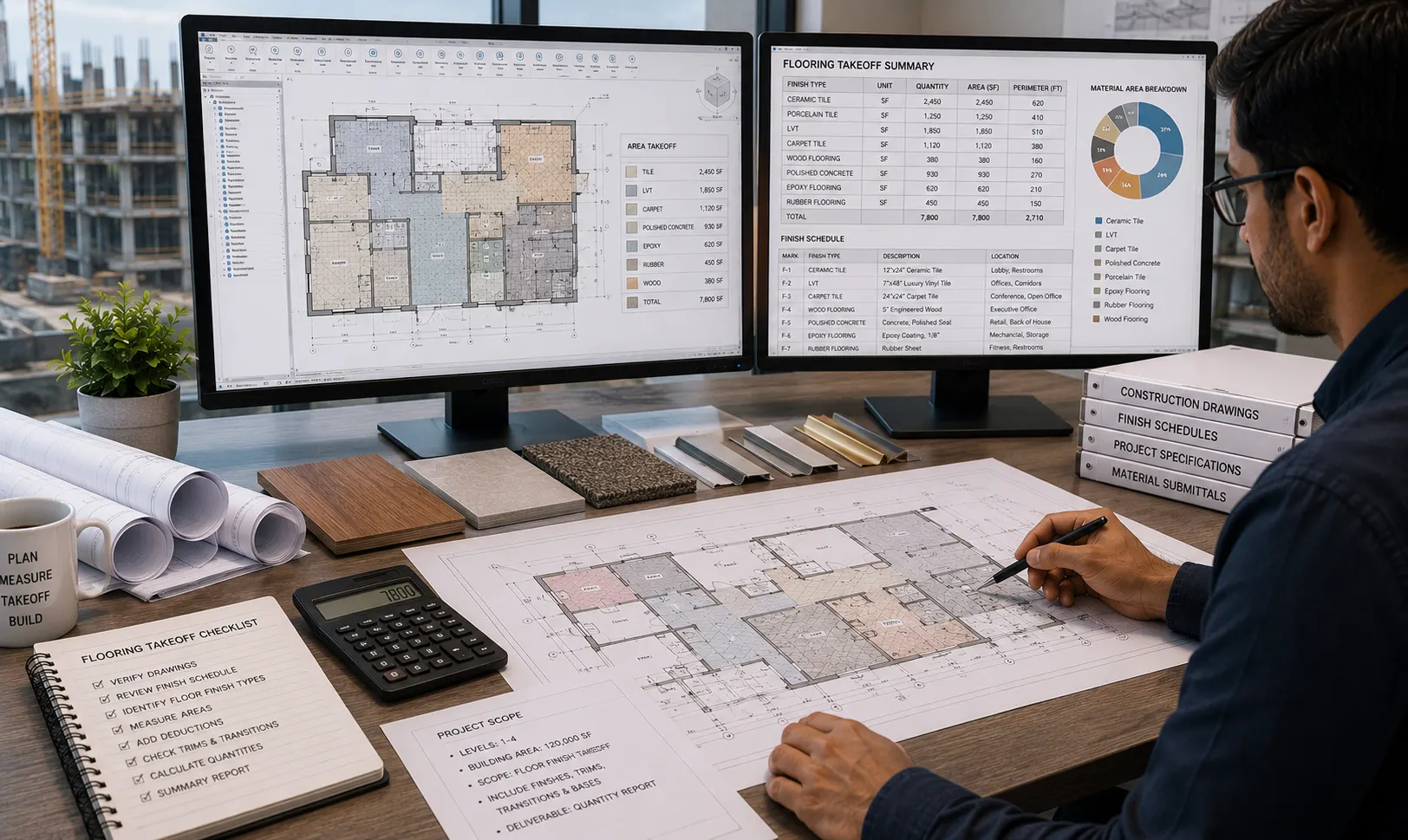 Flooring takeoff workflow reviewing construction drawings finish schedules floor quantities and project scope