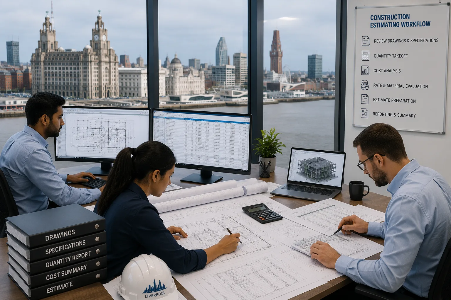 Liverpool construction estimating team reviewing large project drawings quantity reports and cost documentation