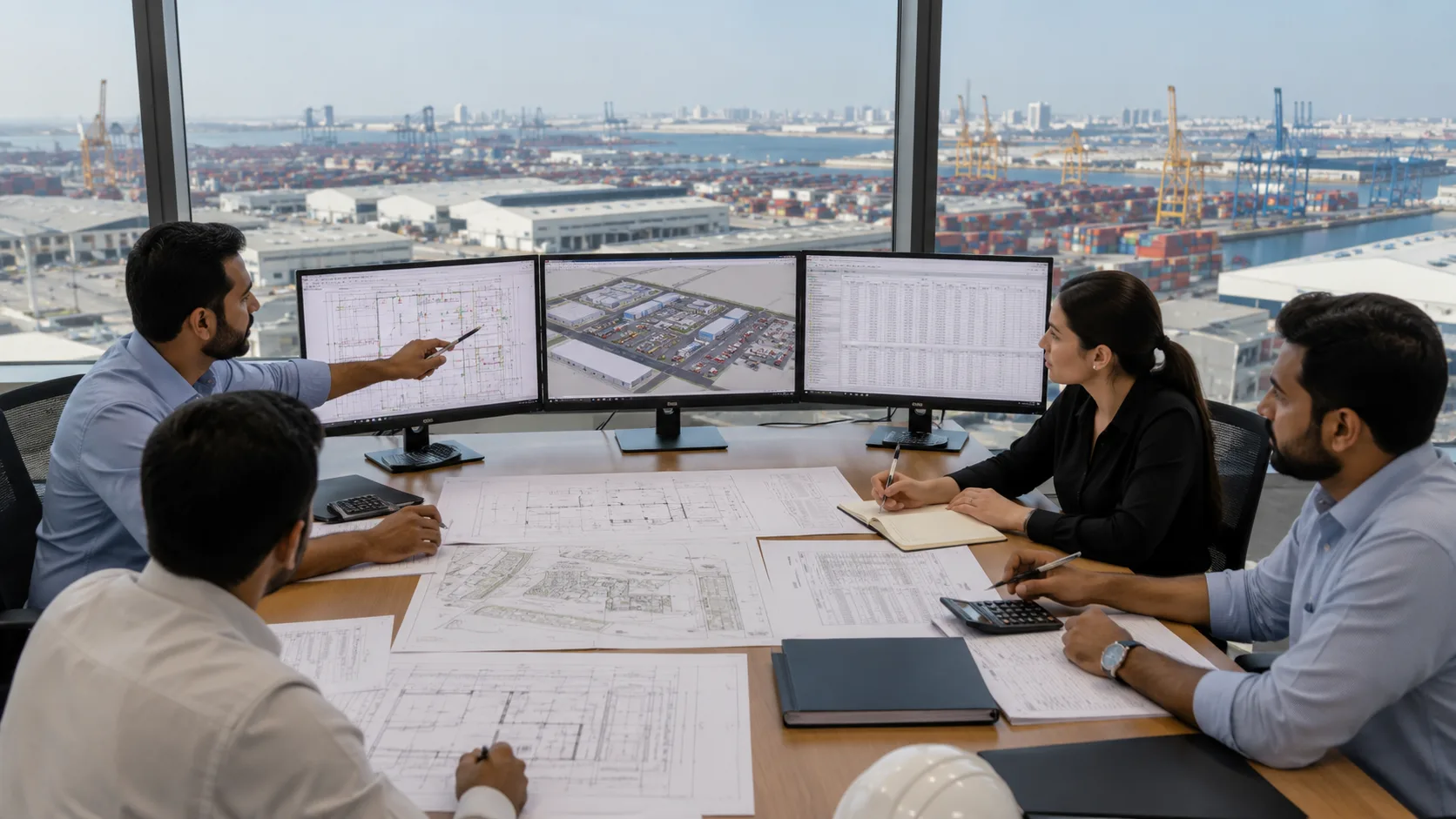 Jebel Ali construction takeoff team reviewing warehouse logistics and infrastructure quantity reports