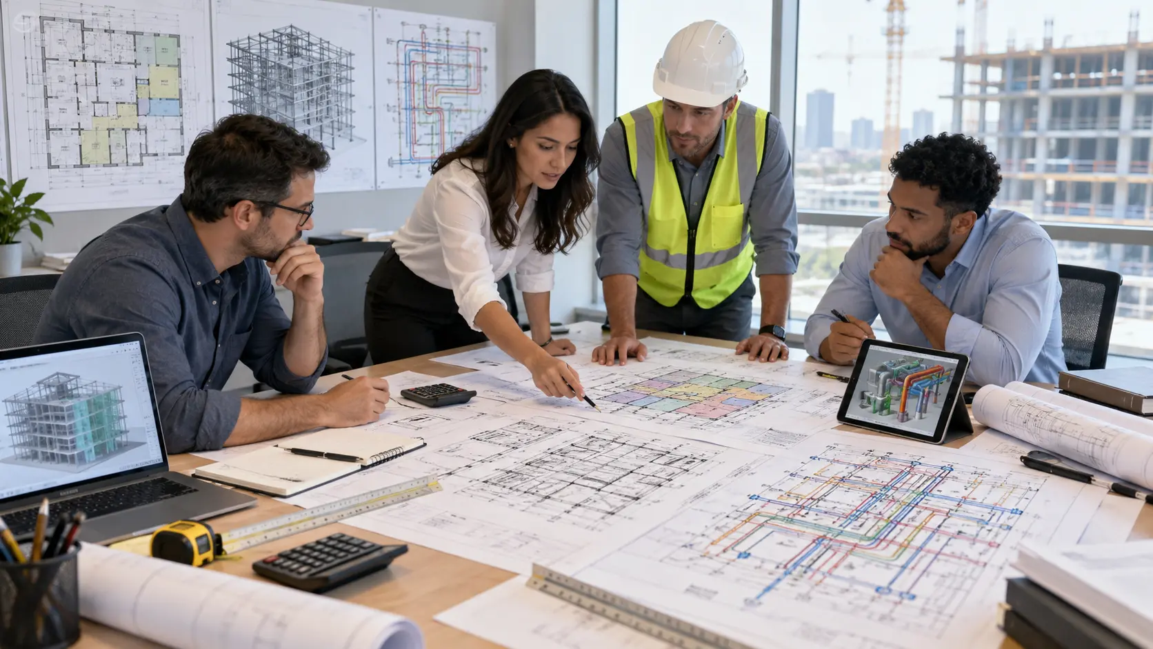 Colorado construction takeoff team reviewing architectural structural and MEP drawings with measured quantities