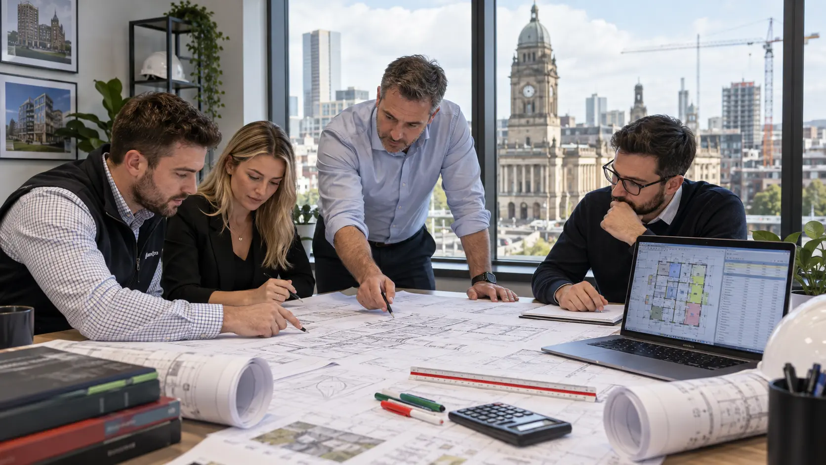 Leeds construction takeoff team reviewing architectural structural and MEP drawings
