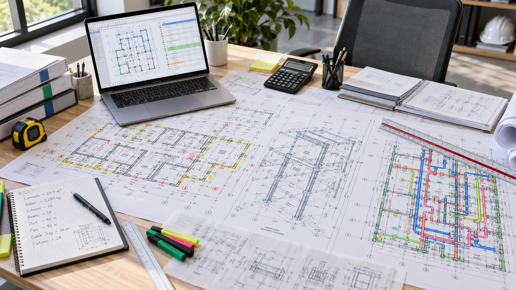 Colorado construction takeoff workflow reviewing architectural structural and MEP drawings with quantity measurements