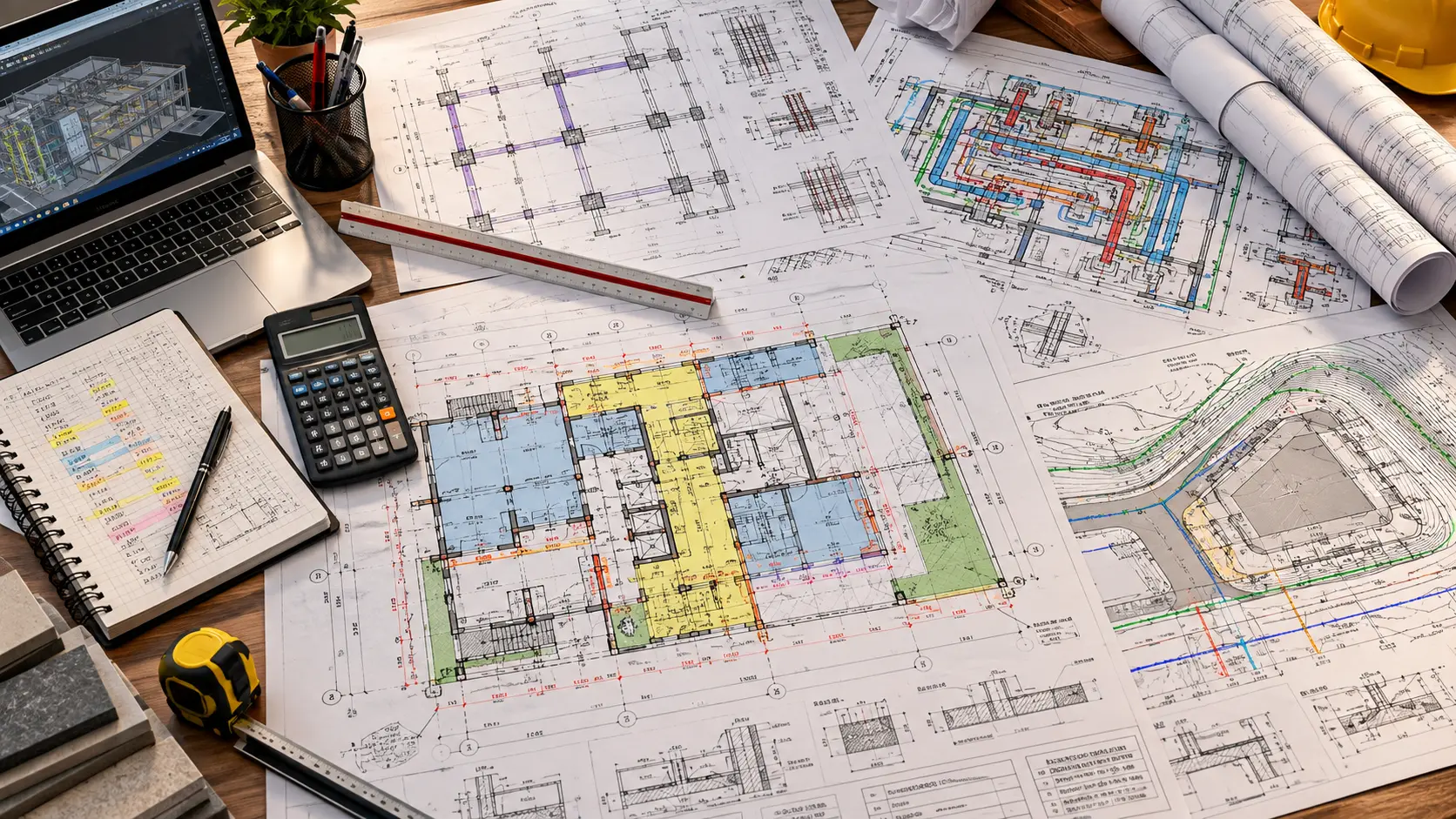 Construction takeoff specialist reviewing project drawings and material quantities
