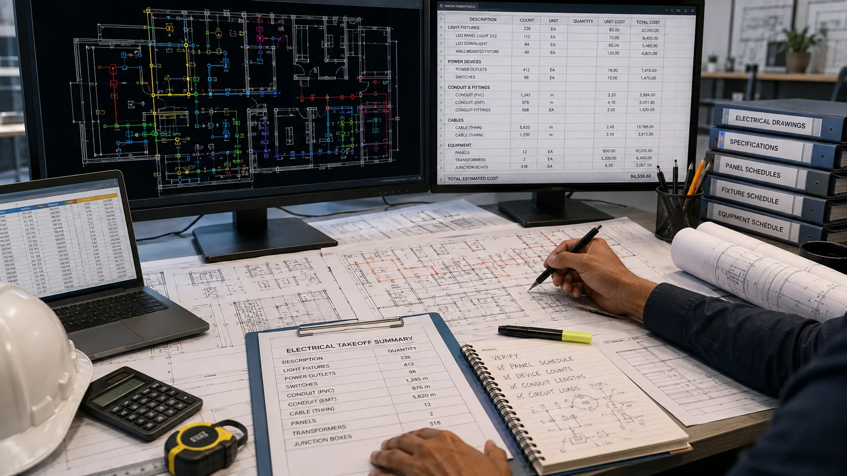 Electrical takeoff services reviewing lighting power conduit cable and equipment quantities