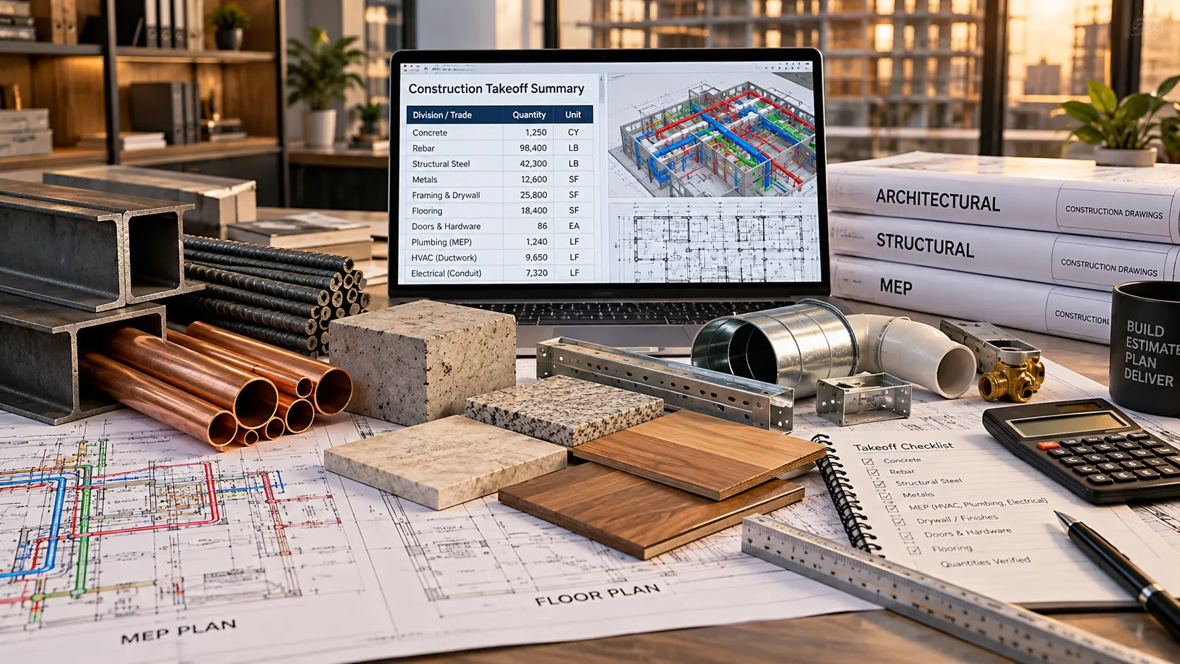 Construction drawings and quantity information reviewed for takeoff services in Ajman