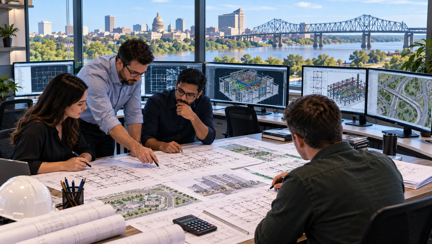 Mississippi CAD drafting team reviewing commercial residential industrial and infrastructure construction drawings