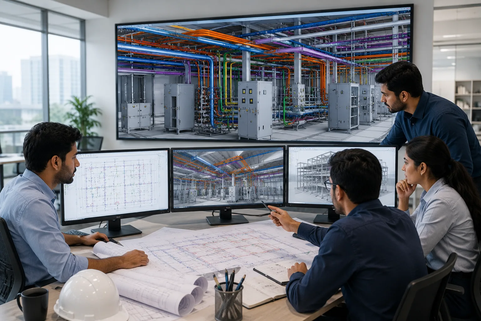 Electrical BIM coordination team reviewing cable tray conduit power and multidisciplinary building model