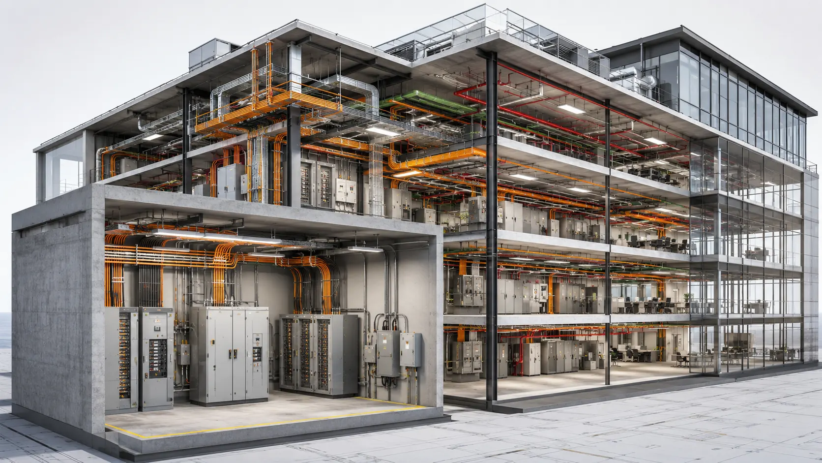Electrical BIM model showing cable trays conduits power distribution equipment and coordinated building systems