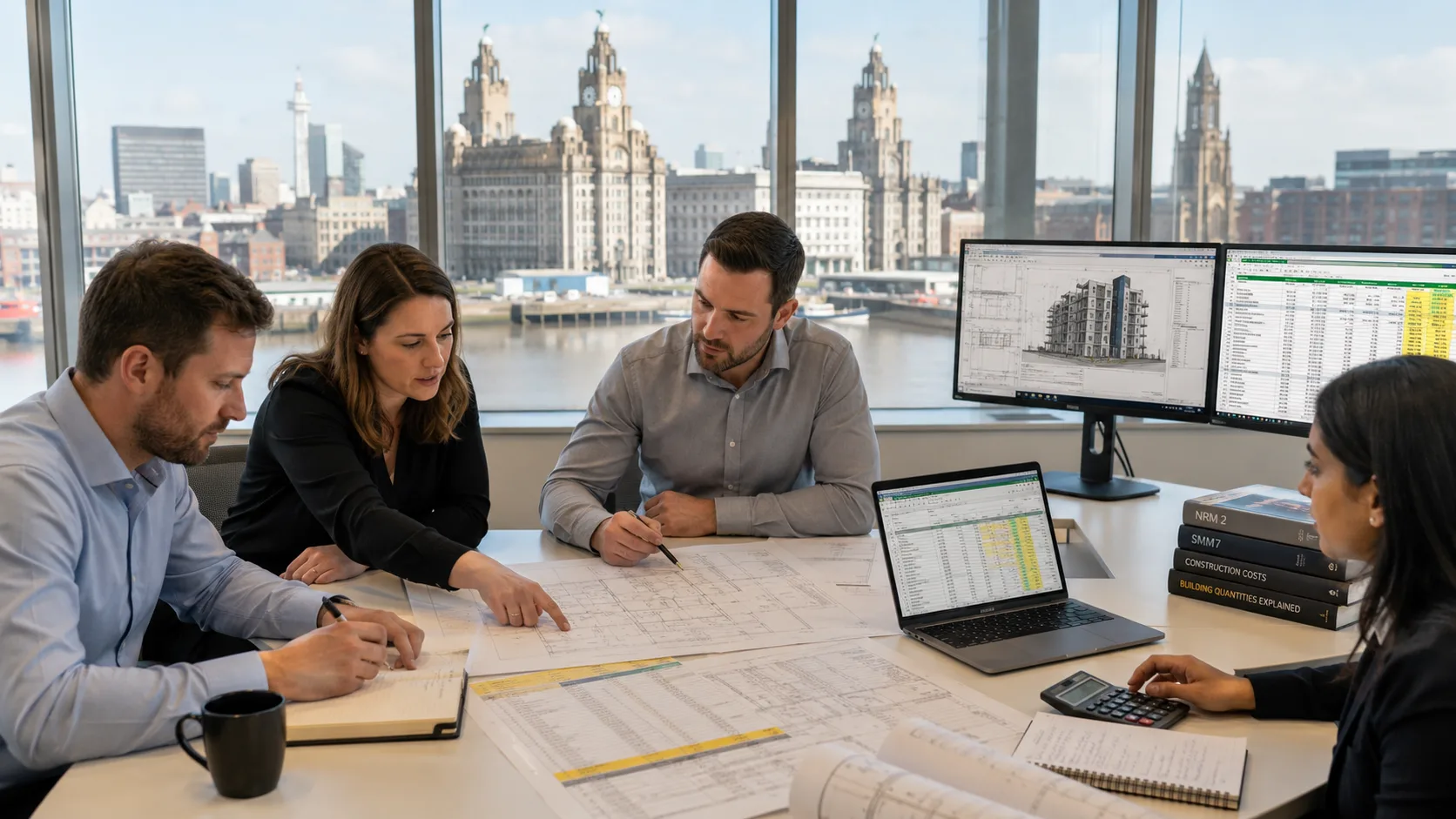 Liverpool construction estimating team reviewing project drawings quantities and cost information
