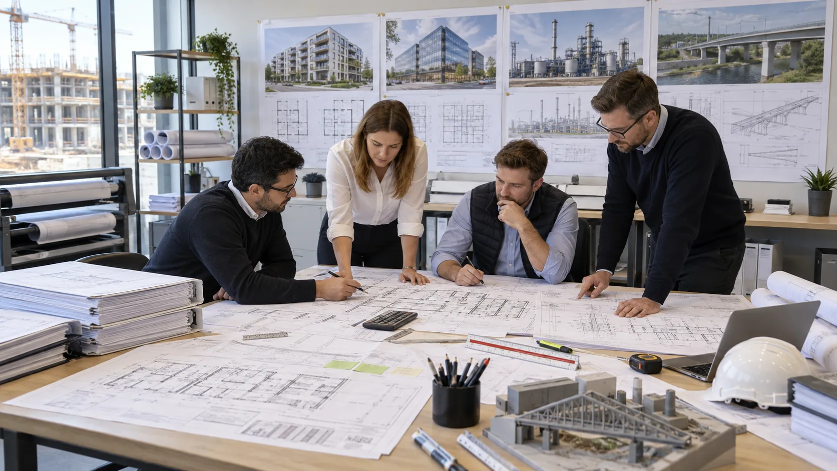 Germany construction quantity takeoff team reviewing large residential commercial industrial and infrastructure drawing packages