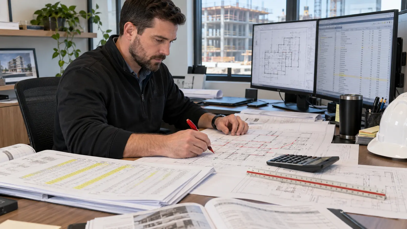 Construction takeoff specialist reviewing project drawings and material quantities