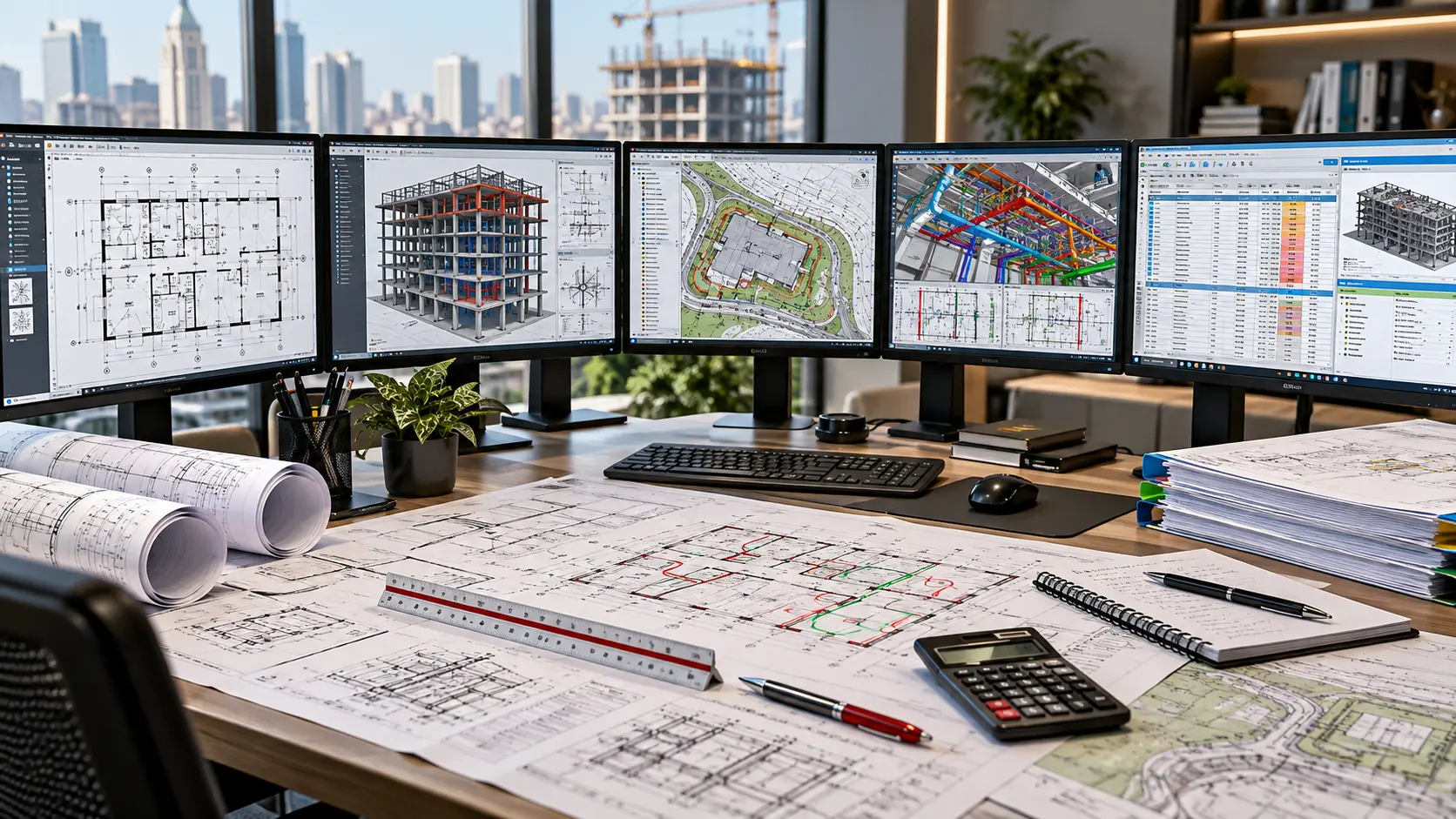 Construction estimating workflow reviewing architectural structural civil and MEP drawings for Leicester projects