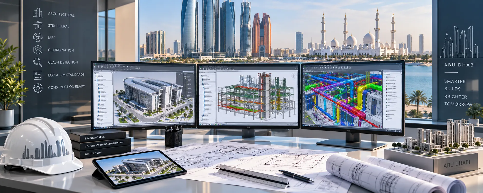 Abu Dhabi BIM team reviewing architectural structural and MEP models