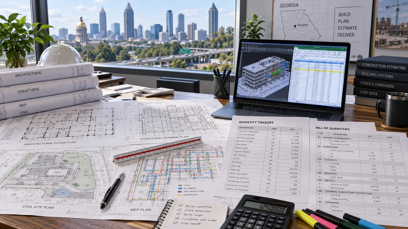 Construction takeoff workflow reviewing architectural structural civil and MEP drawings for Georgia projects