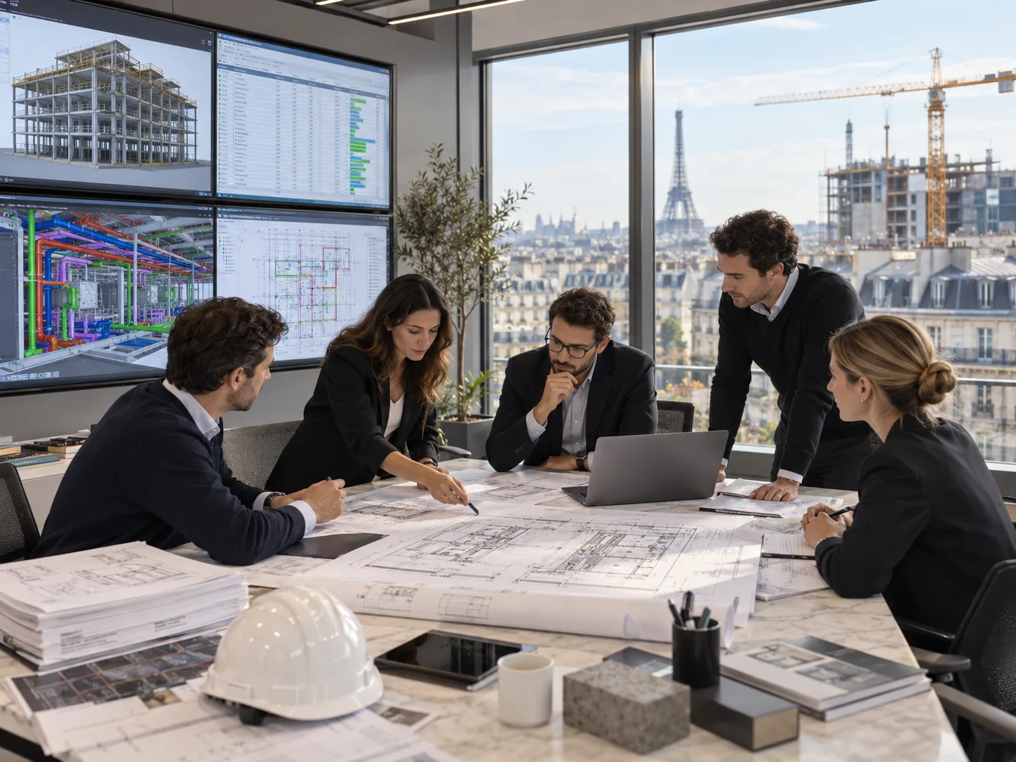 France construction takeoff team reviewing architectural structural and MEP quantity drawings
