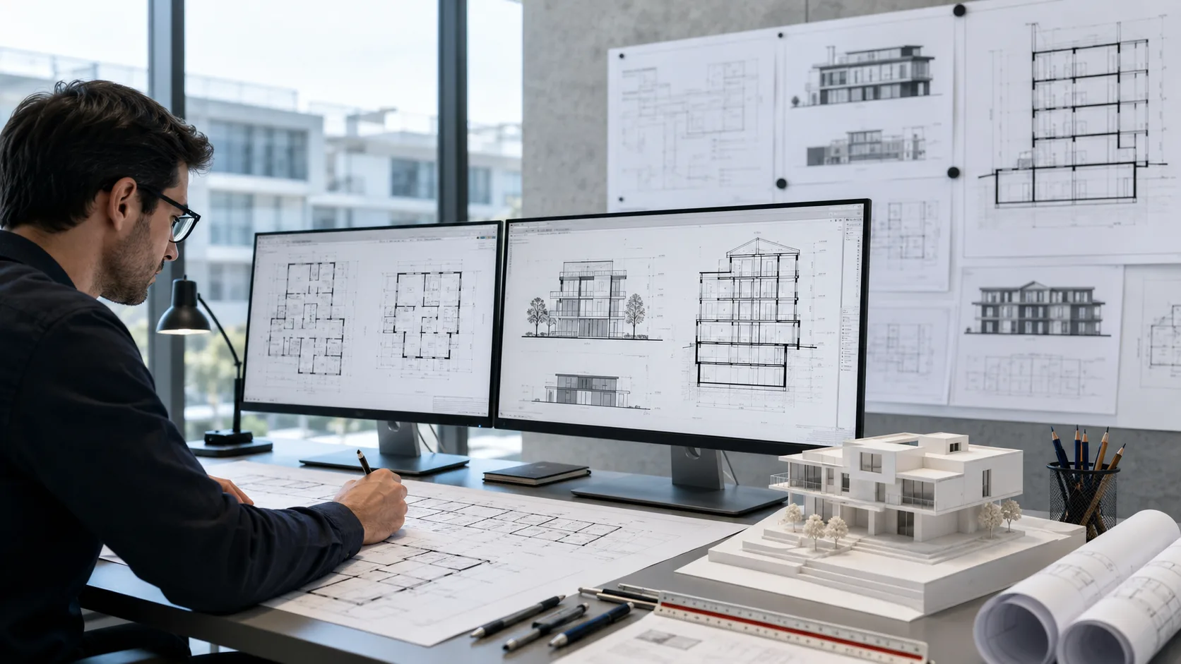 Architectural CAD drafting services showing floor plans elevations and building sections