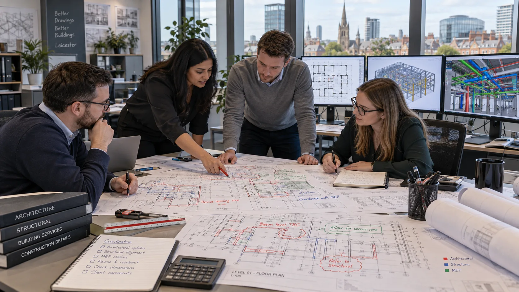 Leicester CAD drafting team reviewing architectural structural and MEP construction drawing markups