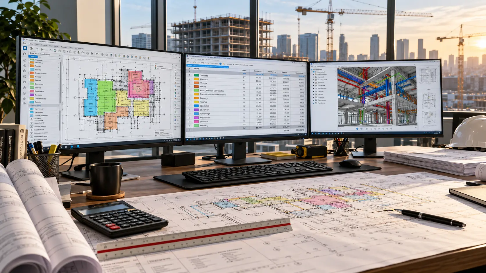Construction takeoff workflow reviewing drawings and quantities for Carlow projects