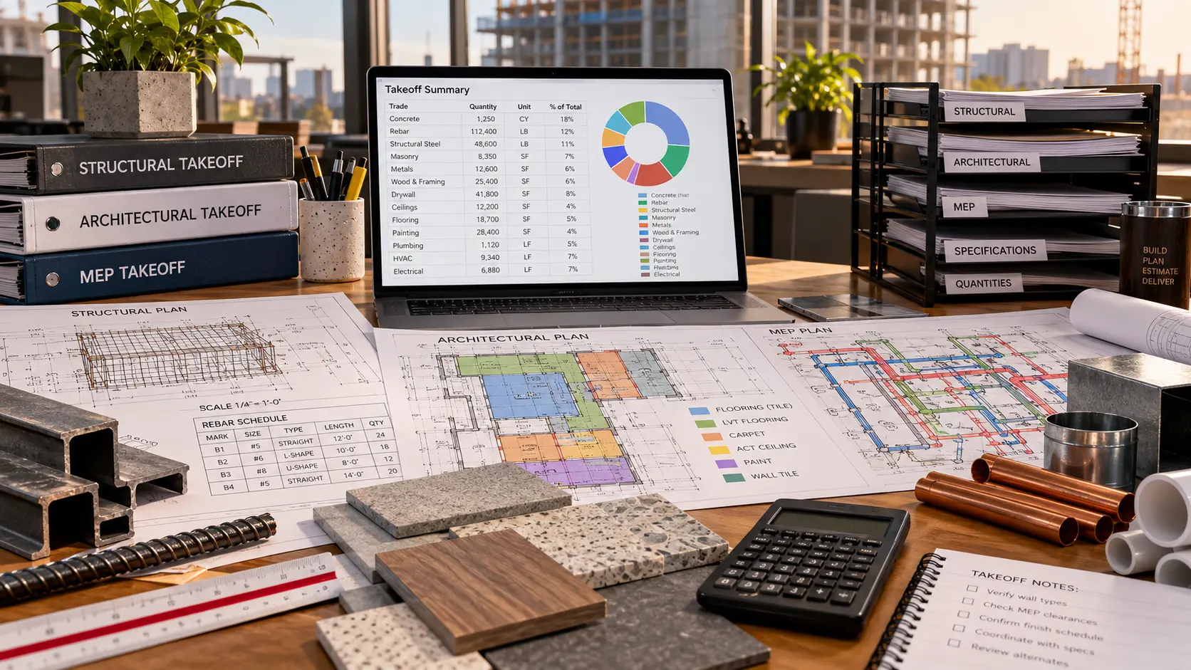 Construction takeoff workflow reviewing tender drawings quantities and BOQ requirements for Dubai South projects