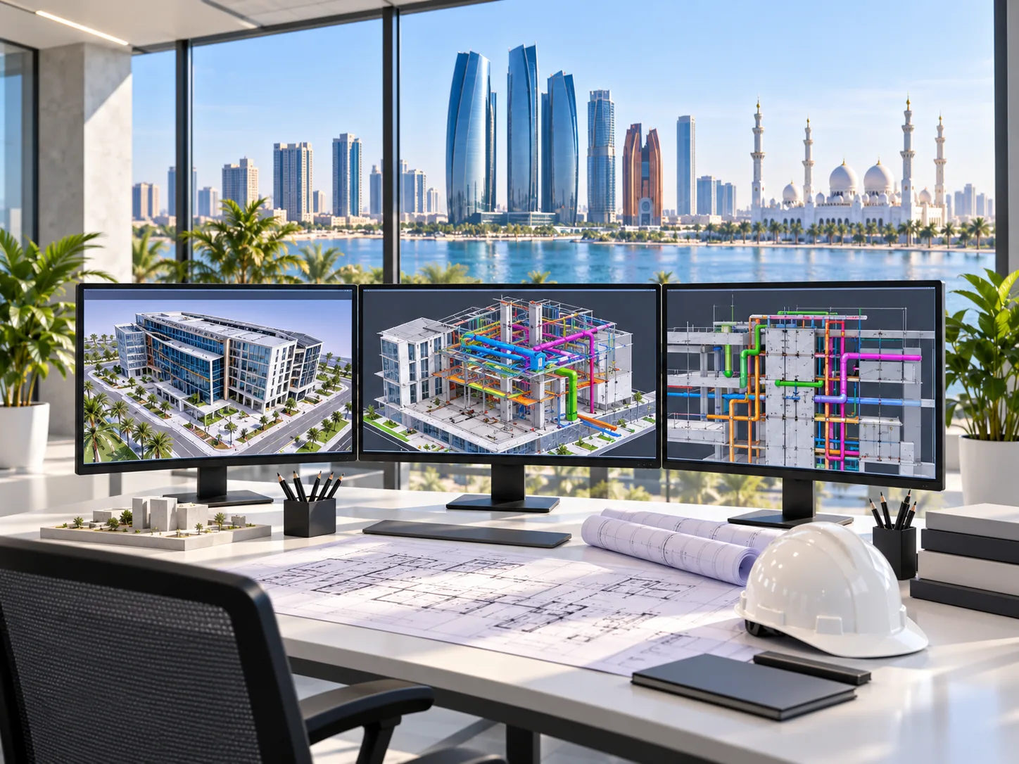 Abu Dhabi BIM coordination team reviewing federated architectural structural and MEP models