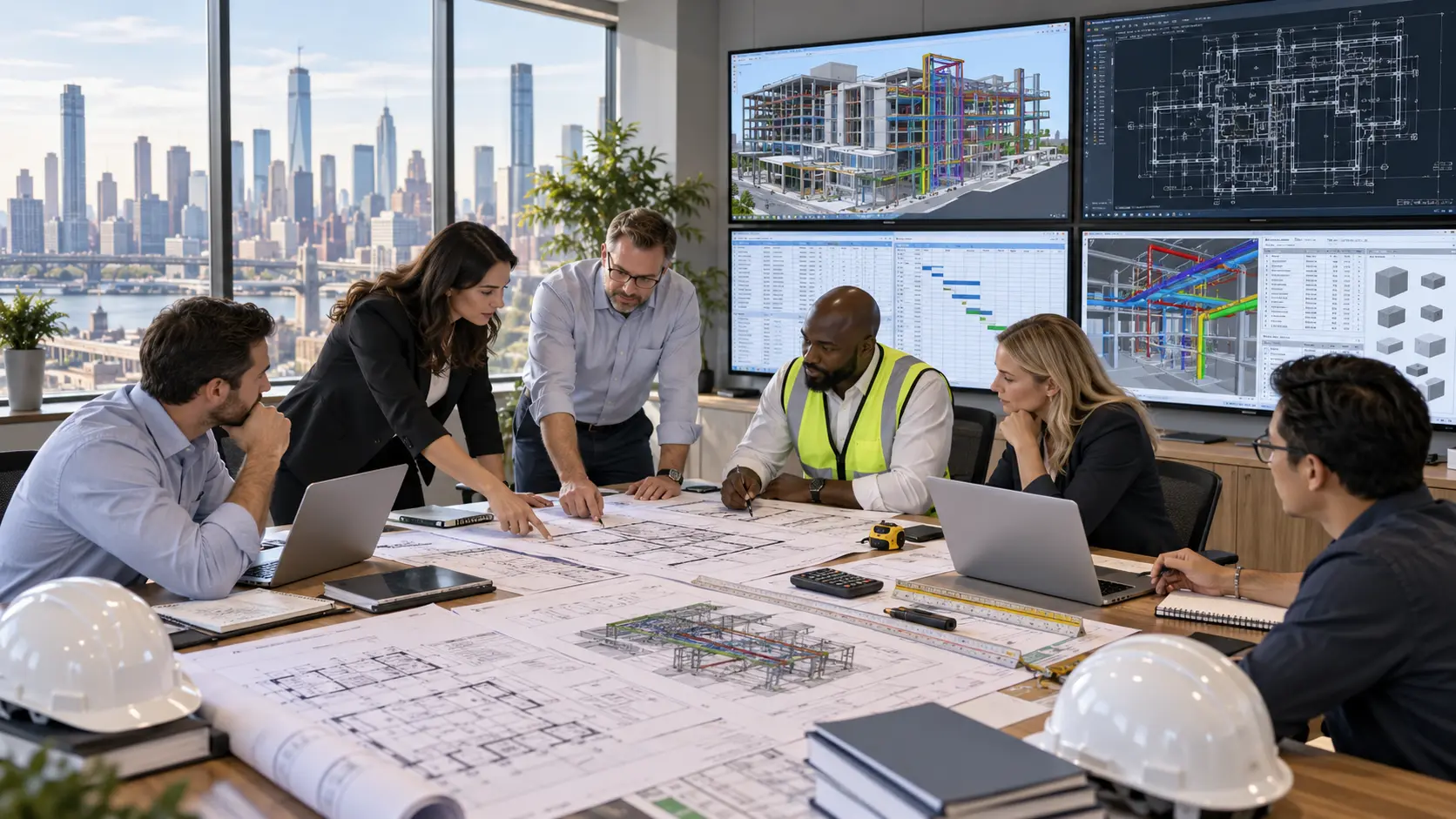 USA preconstruction team reviewing BIM models CAD drawings estimates and quantity takeoff information