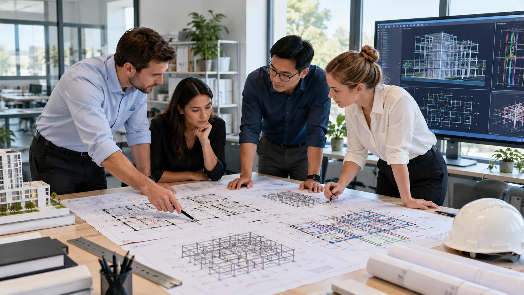 Fort Worth CAD drafting team reviewing architectural structural and MEP construction drawings