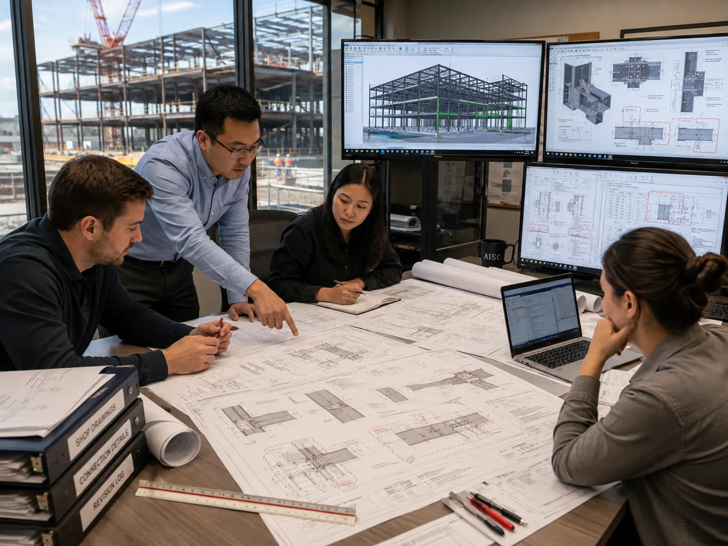 Structural steel shop drawing workflow reviewing fabrication drawings connection details and project revisions