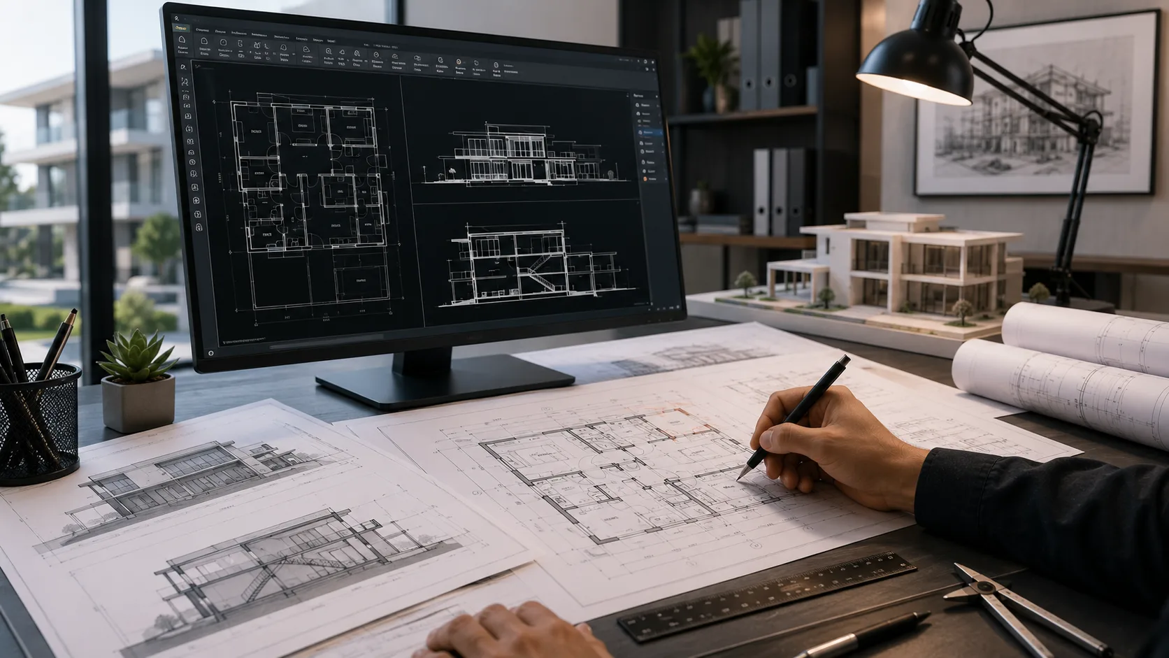 Architectural CAD drafting workflow reviewing floor plans markups and technical drawing information