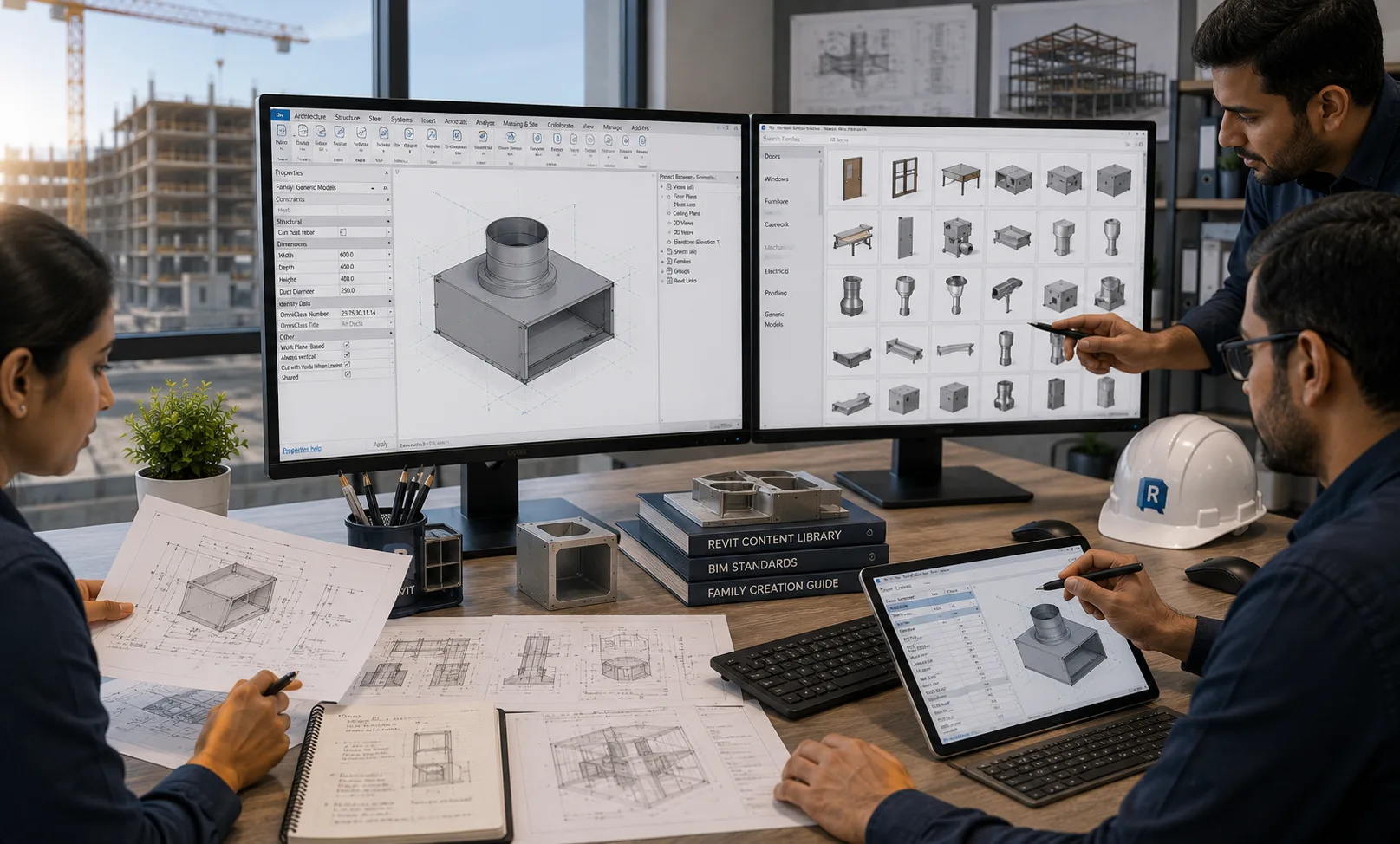 Revit family creation team reviewing parametric BIM components family types and Revit content library