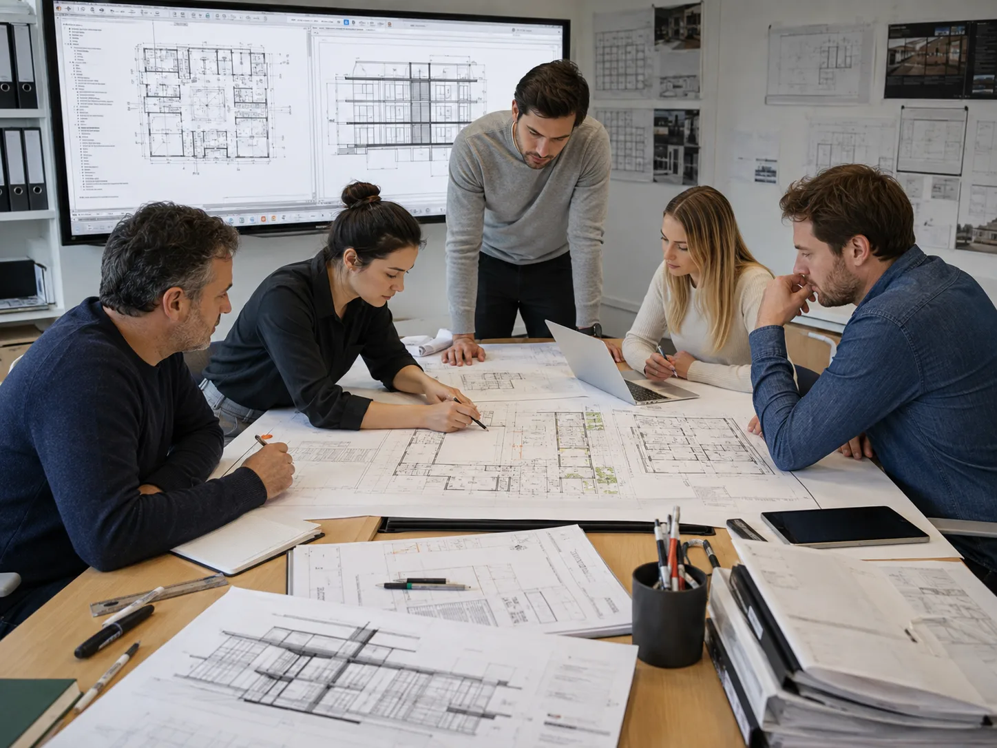 Architectural CAD drafting team reviewing building drawings and technical documentation