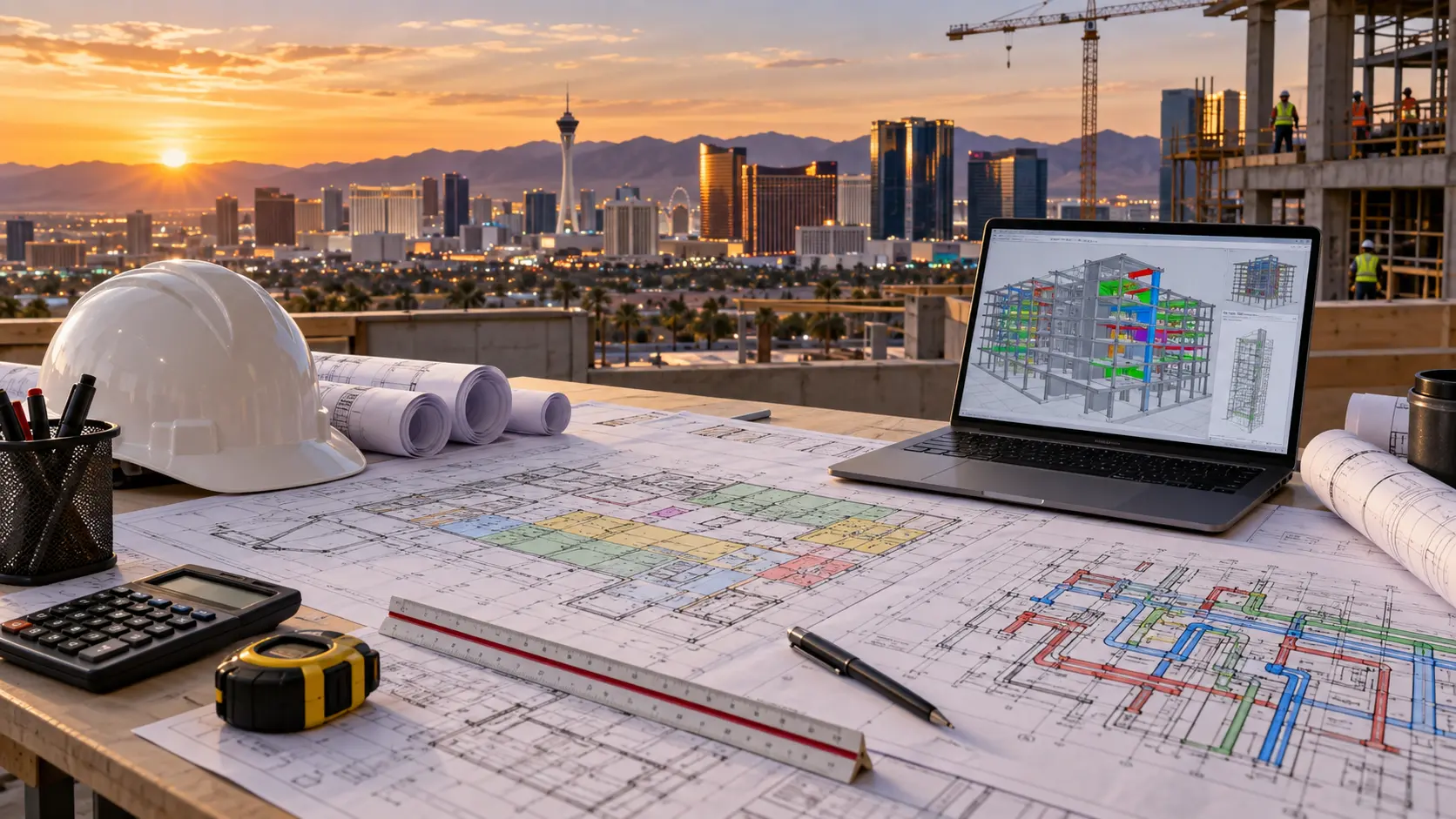 Construction takeoff workflow reviewing architectural structural and MEP drawings for Las Vegas projects