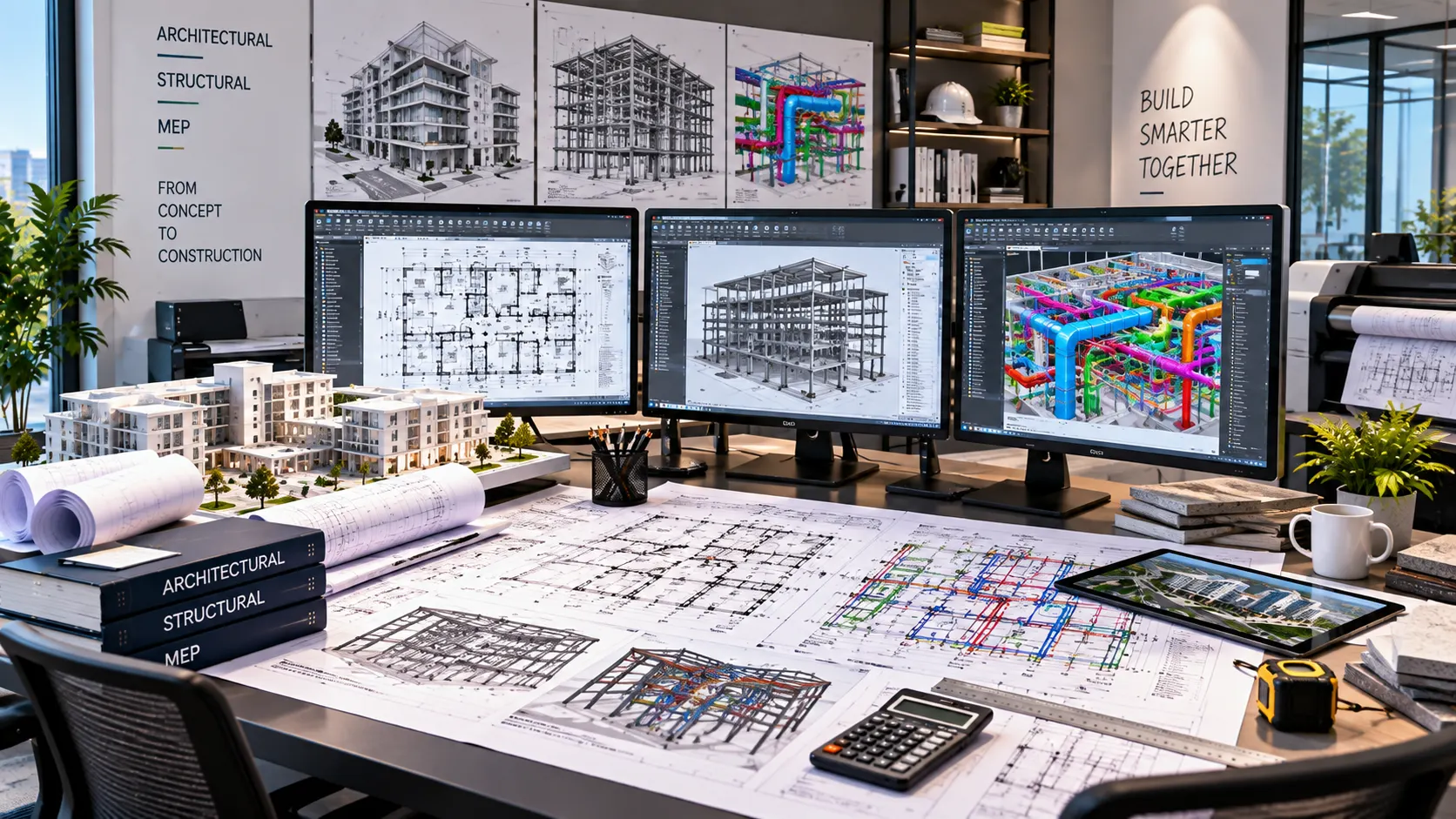 Leicester CAD drafting team reviewing architectural structural and MEP construction drawings