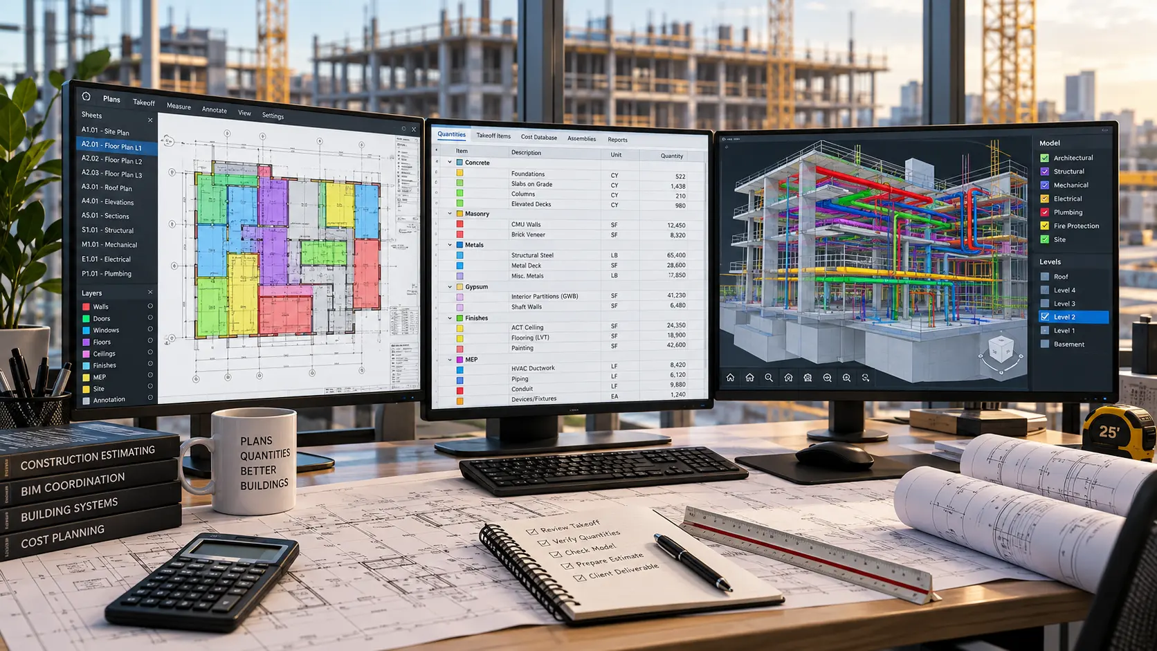 Construction takeoff workflow reviewing Florida project drawings and material quantities