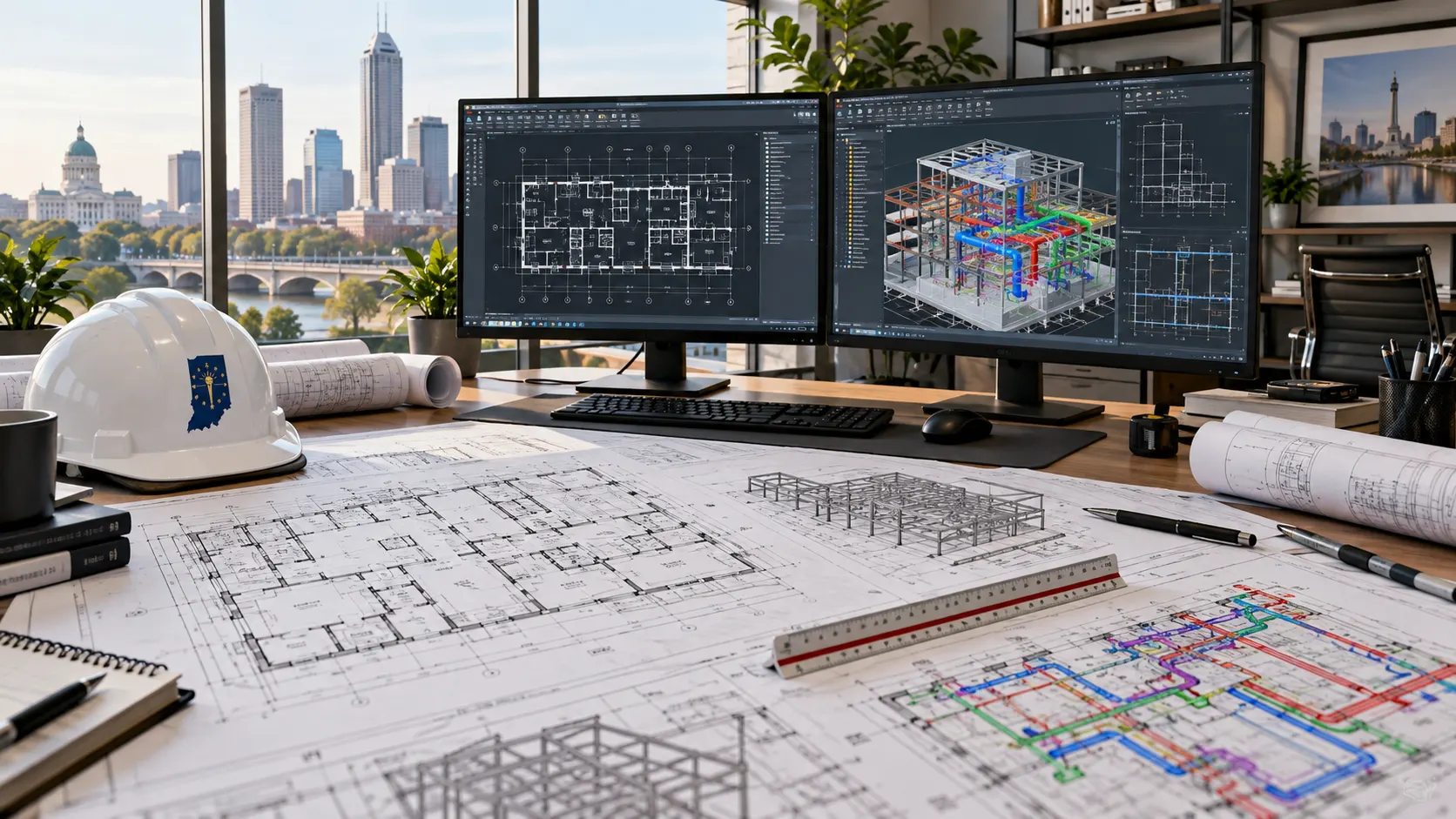CAD drafting workflow reviewing architectural structural and MEP construction drawings for Indiana projects