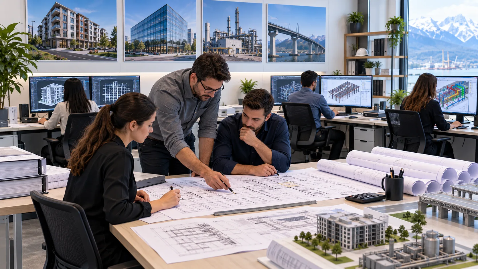 Alaska CAD drafting team reviewing large residential commercial industrial and infrastructure drawing packages