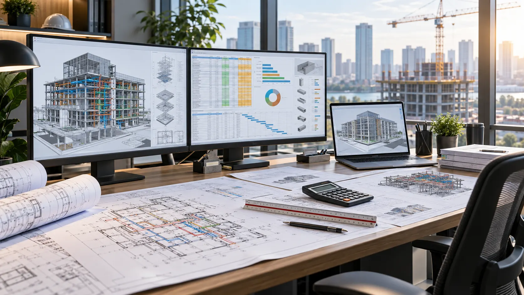 Texas construction estimating team reviewing architectural structural and MEP drawings for detailed cost estimation