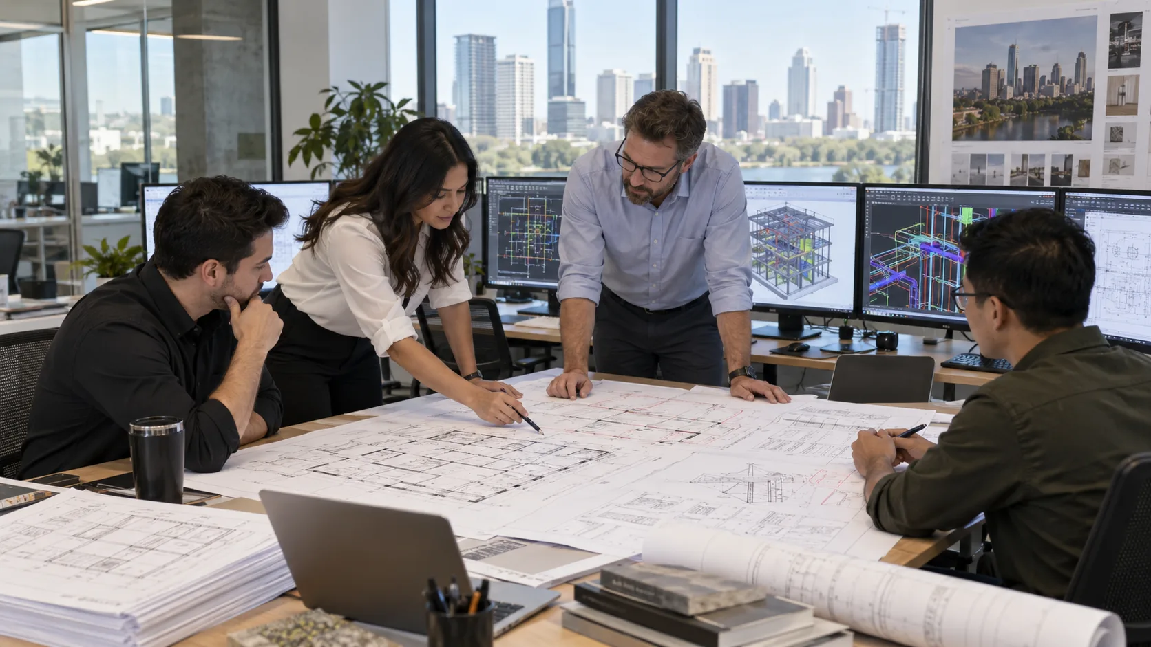 Austin CAD drafting team reviewing large architectural structural and MEP construction drawing packages
