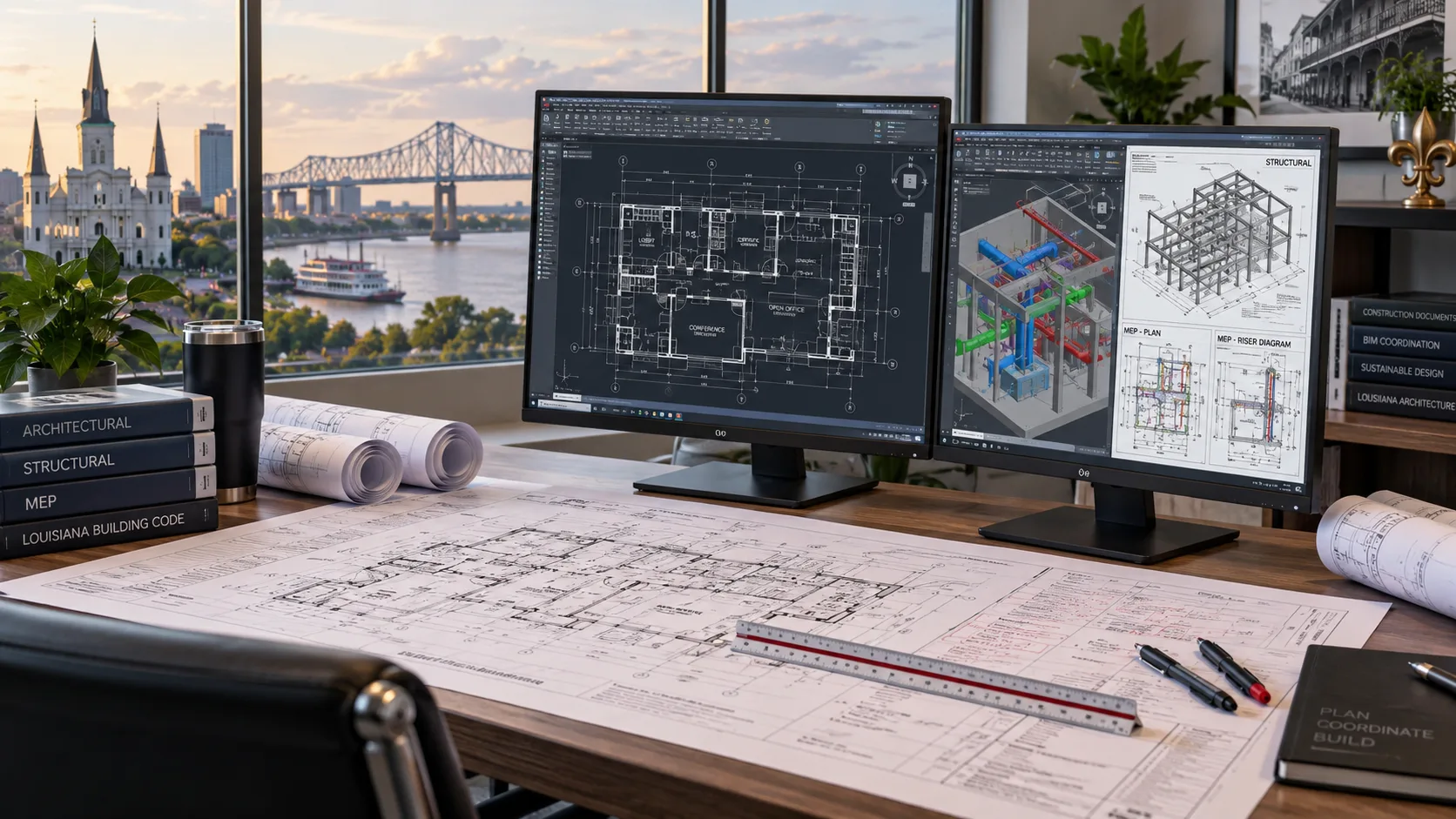 CAD drafting workflow reviewing architectural structural and MEP construction drawings for Louisiana projects