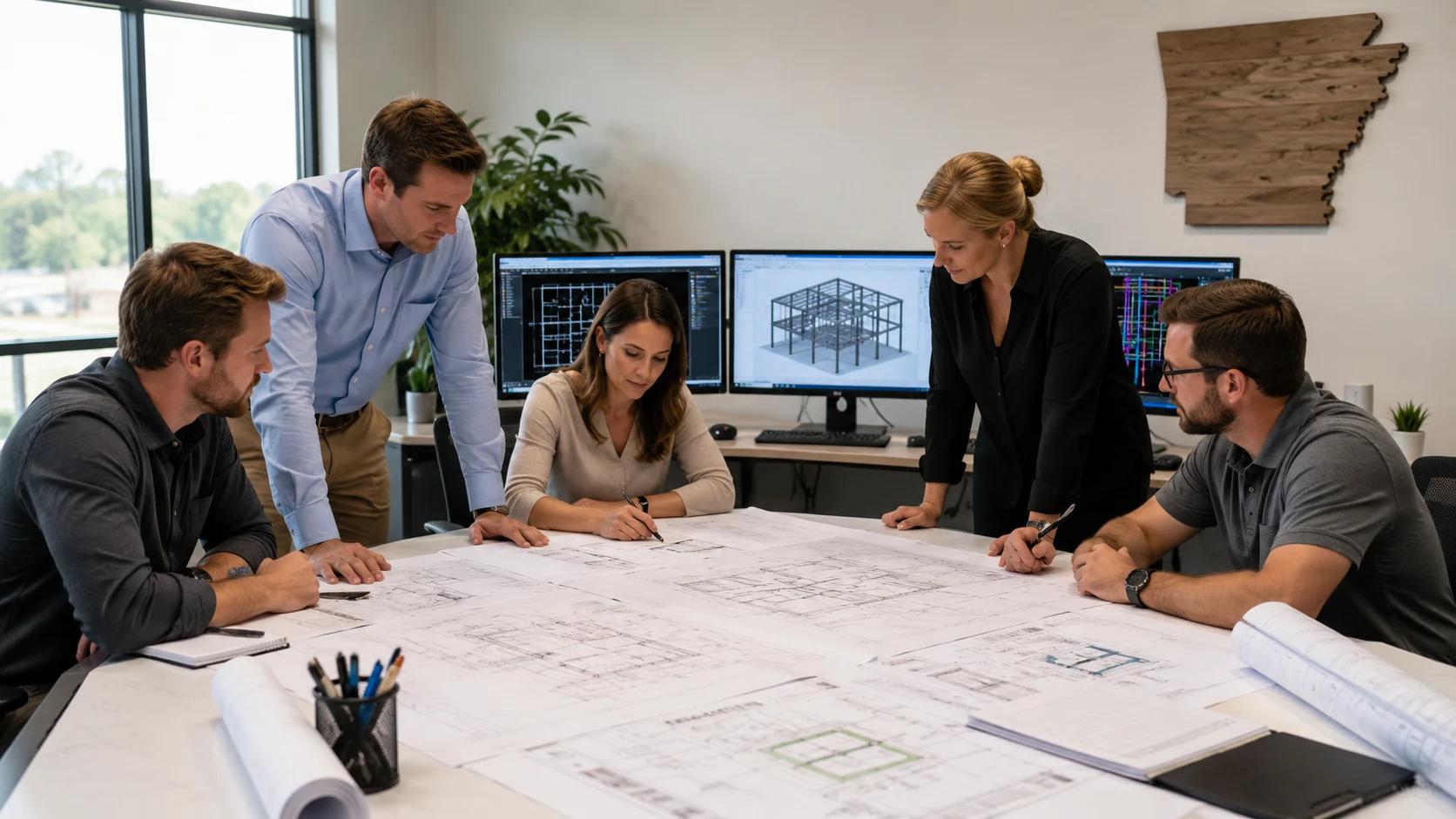 Arkansas CAD drafting team reviewing large architectural structural and MEP construction drawing packages