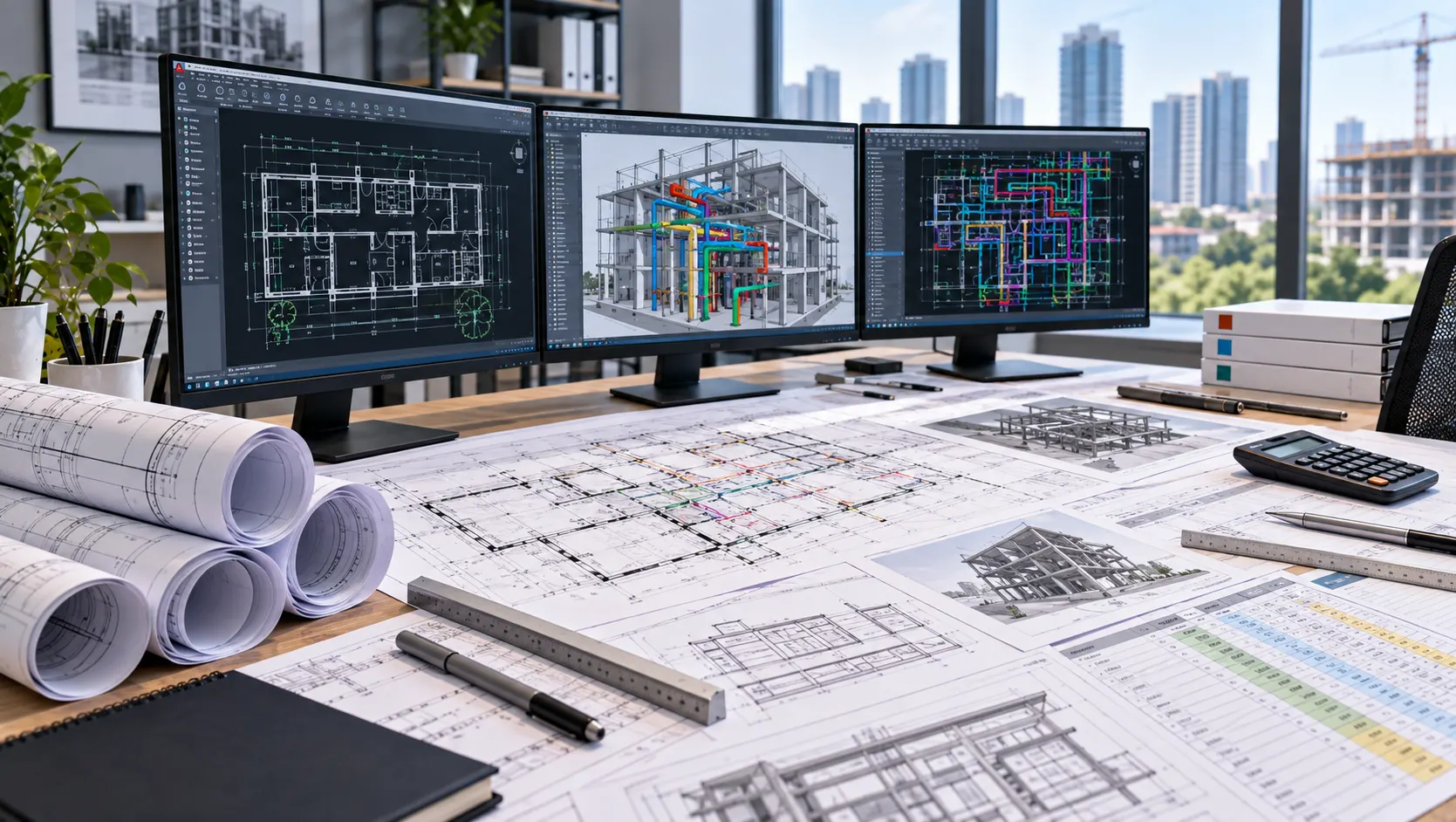 Fort Worth CAD drafting workflow reviewing architectural structural and MEP drawings with markups and project documentation