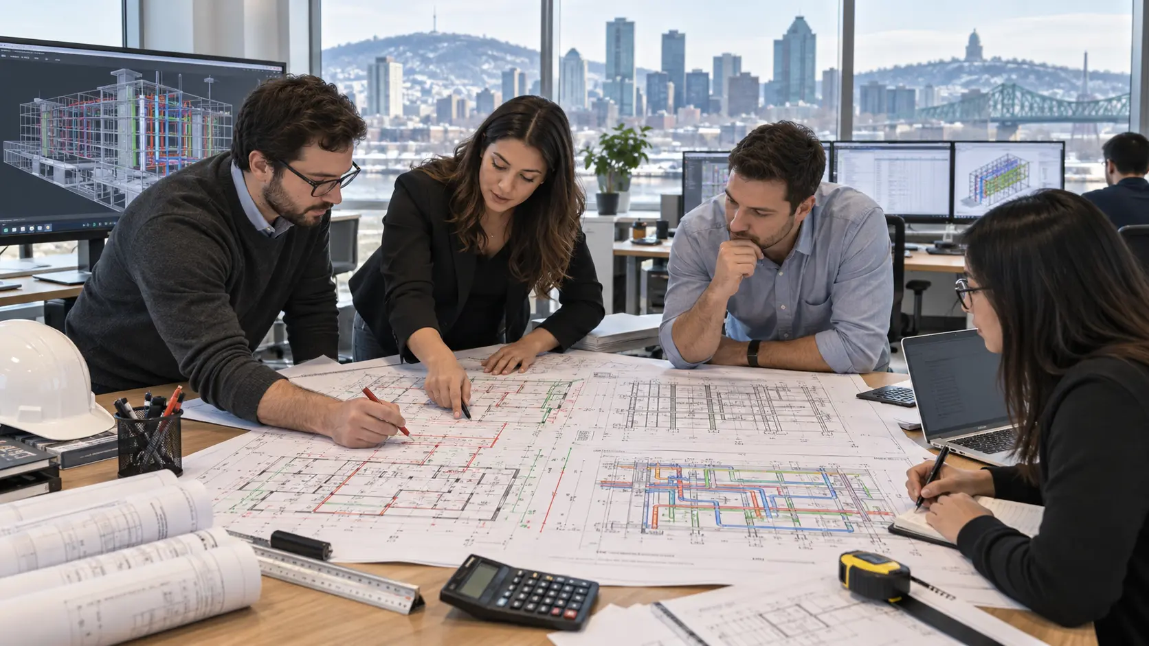 Montreal construction takeoff team reviewing architectural structural and MEP drawings with quantity measurements