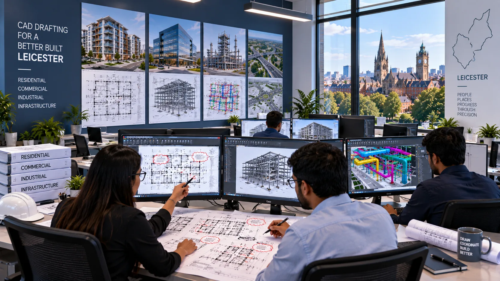 Leicester CAD drafting team reviewing residential commercial industrial and infrastructure drawing packages