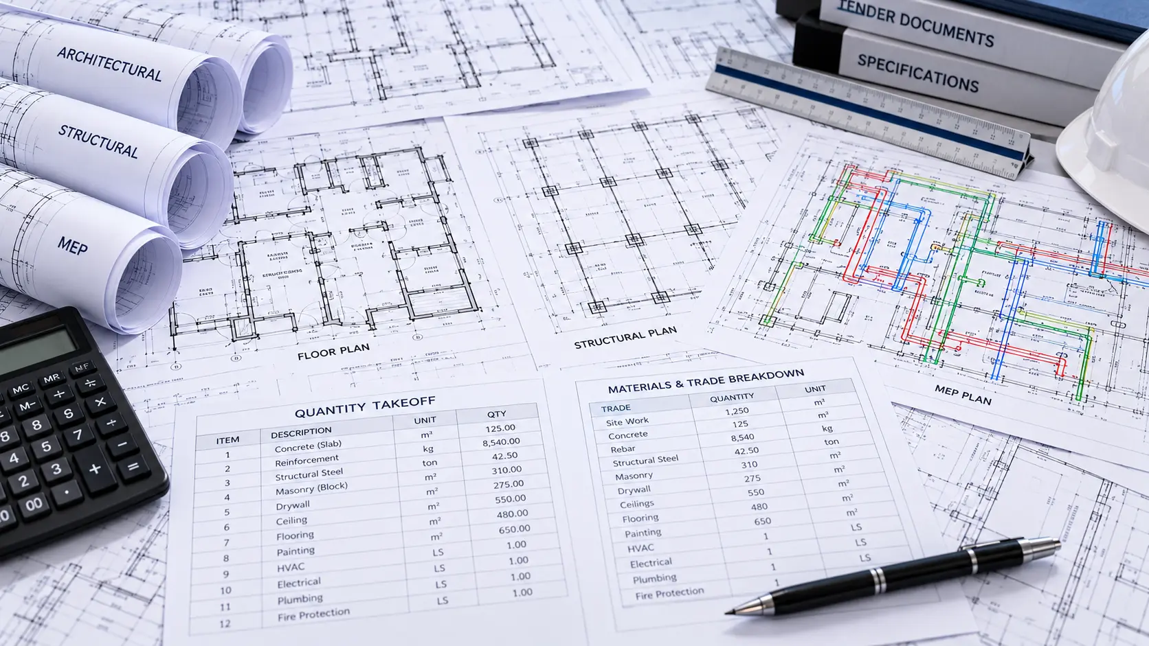 Construction estimating workflow reviewing architectural structural MEP drawings quantities and trade costs for Egypt projects