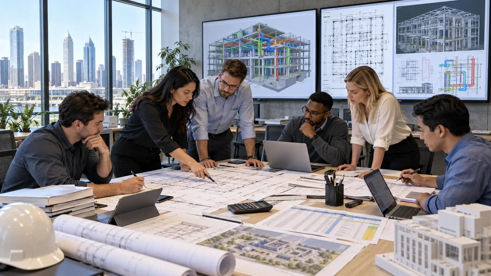 USA preconstruction team reviewing BIM CAD estimating and construction documentation